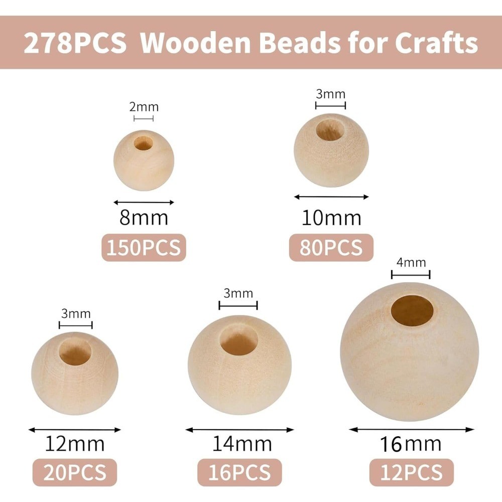 Wooden Beads for Crafts Bulk Unfinished 5 Sizes 8mm 10mm 12mm 14mm 16mm DIY