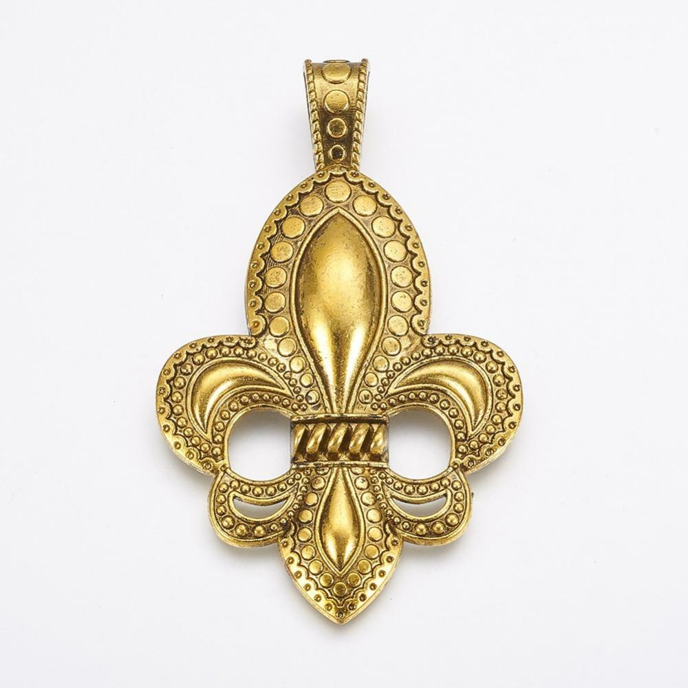 Fleur De Lis Pendant Antiqued Gold Metal Finding Focal Floral Lily France 73mm