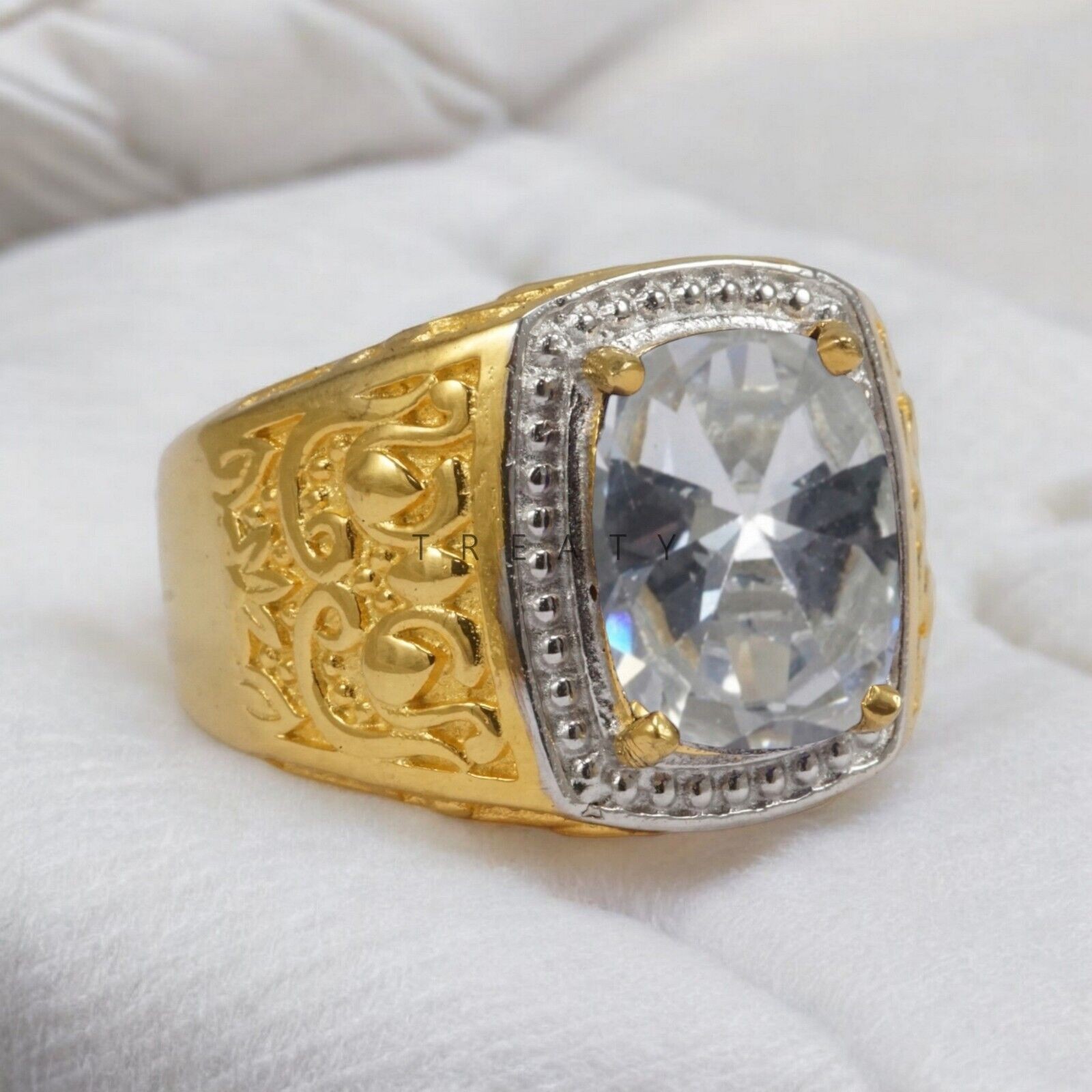 Moissanite Cushion Cut With 14k Yellow Gold Ring For Men’s #998