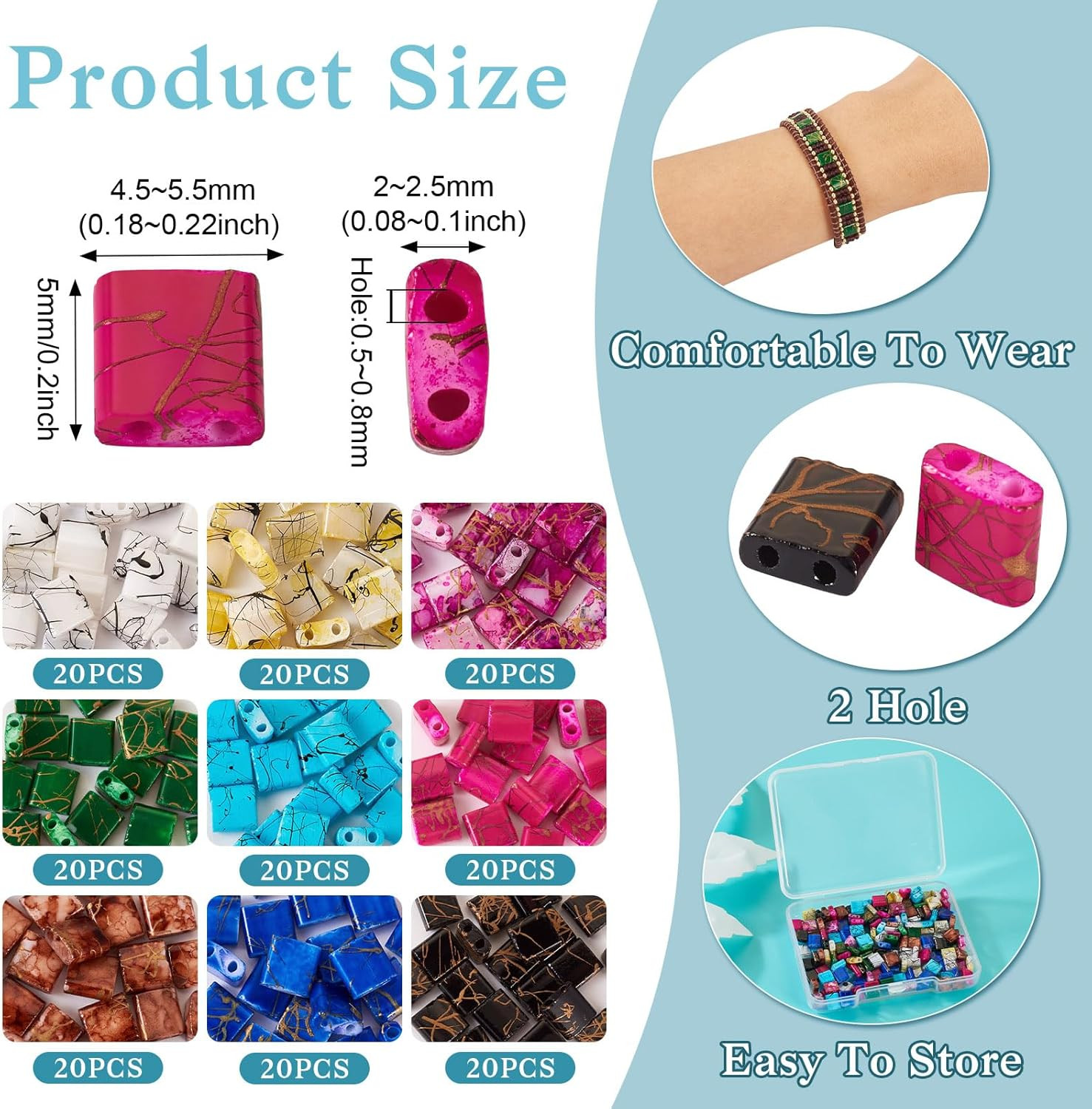 Glass Seed Beads 180Pcs 2 Hole Tila Beads 9 Colors Crystal Glass Tile Beads Squa