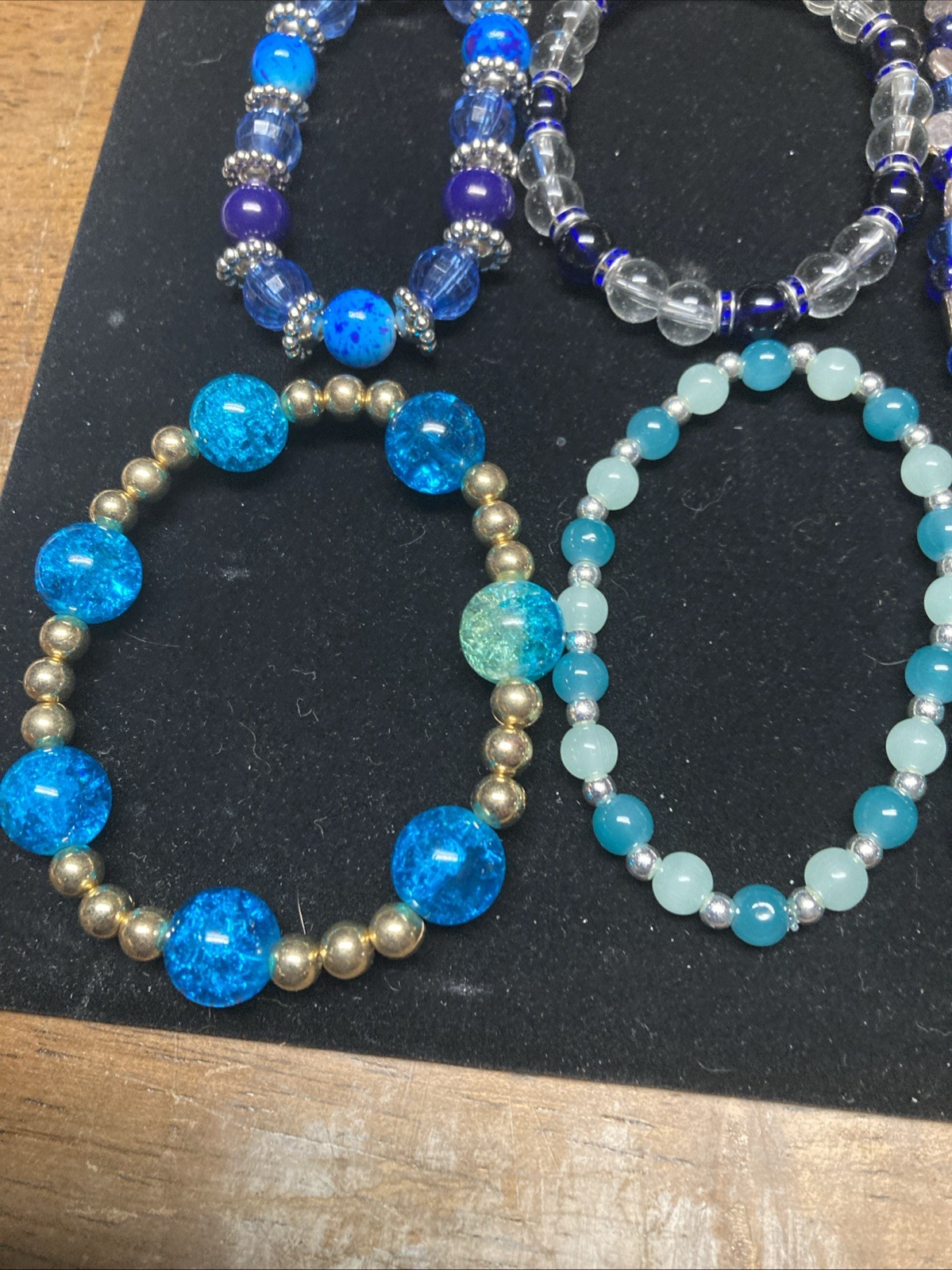 Handmade Glass Beads & Acrylic Bracelets, Lot Of 12 Blue Colors, Stretch Cord.