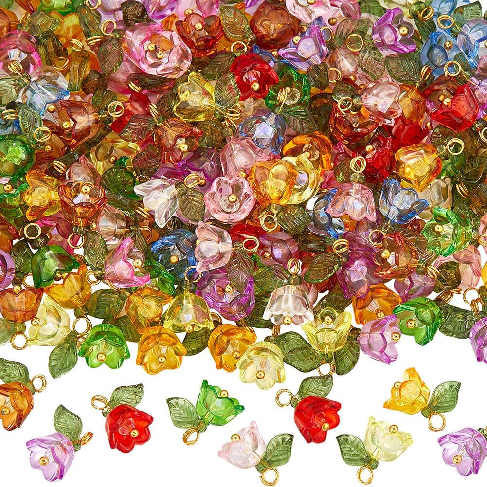 160Pcs Floral Acrylic Tulip Flower Charms Bulk Transparent Plastic Colorful Spri