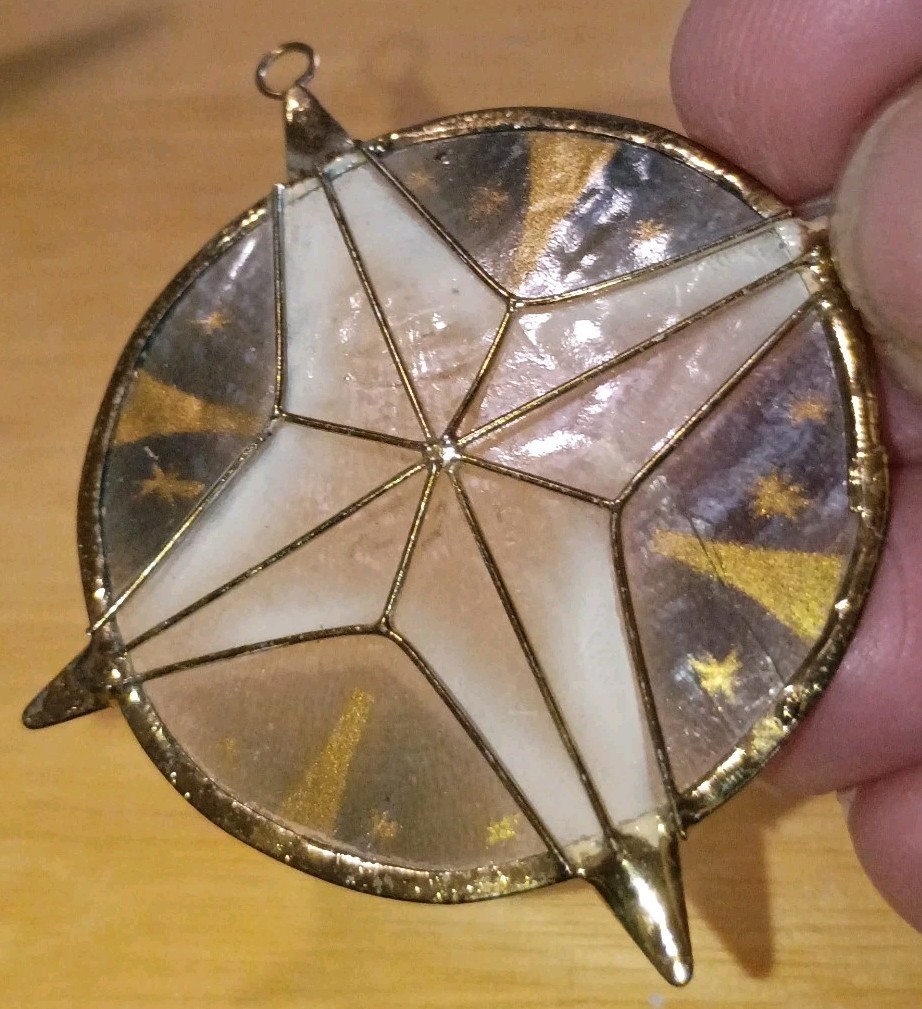 Capiz Shell Or Window Pane Oyster Star Shape Dangle Pendant Four‑Point Compass