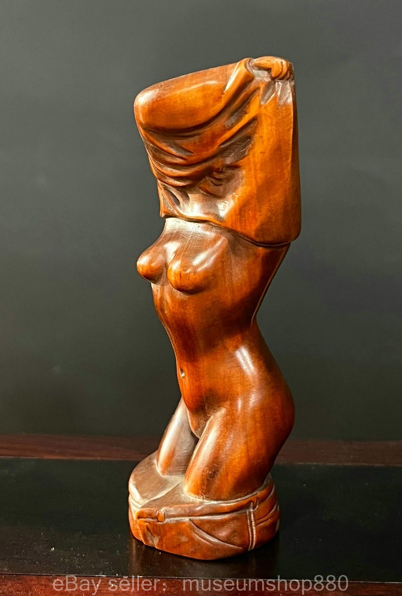 4″ Old Chinese Boxwood Wood Carving Beautiful woman People Statue