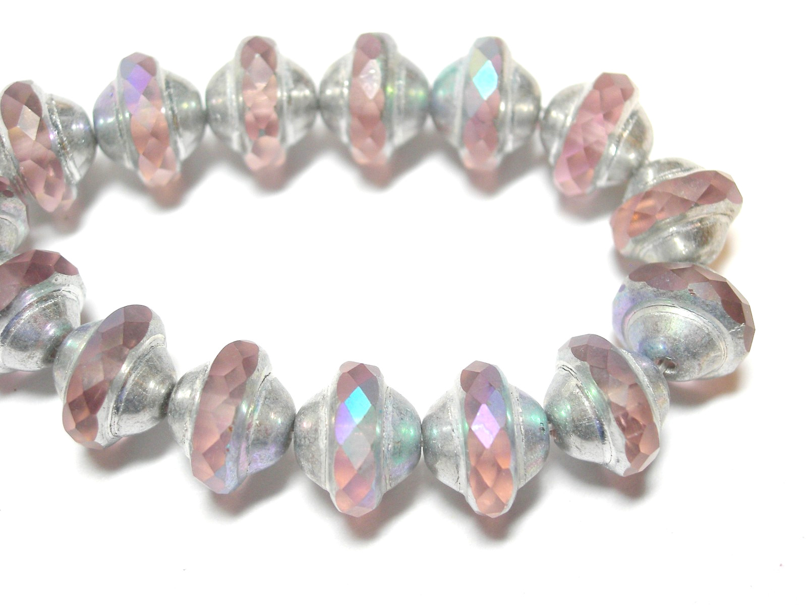 15 7mm Czech Glass Soft Pink with Silver AB Finish Faceted Saturn Saucer Beads