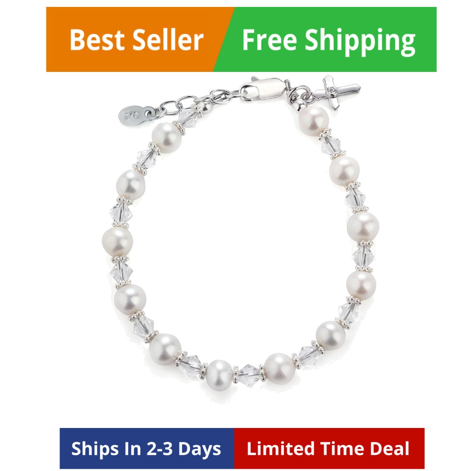 Children’s 925 Sterling Silver Cross Bracelet and/or Necklace with Cultured P…