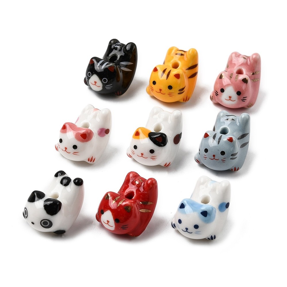 10pcs Porcelain Beads Handmade Cat Printed Animal Loose Focal Bead for Jewelry