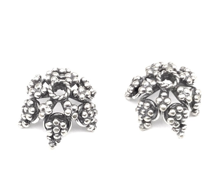 2 Hand Crafted Sterling Silver .925 Bali Flower Bead Caps-#C11411