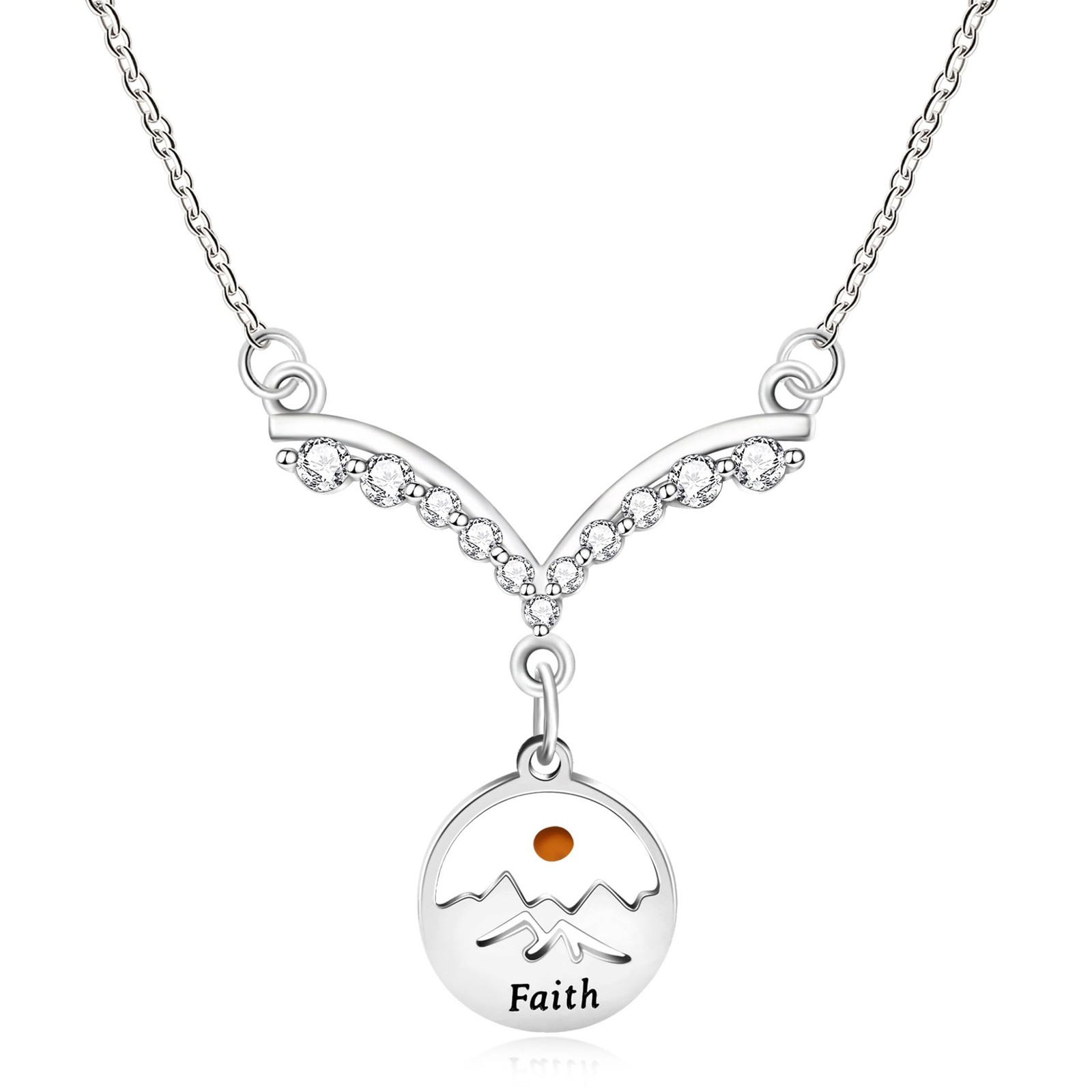 Platinum Plated Stainless Steel Inlaid Zircon V-Necklace with Mustard Seed Round