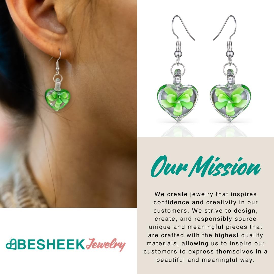 Handmade Murano Inspired Gorgeous Artist Made Green Heart Glass Earrings by Hand