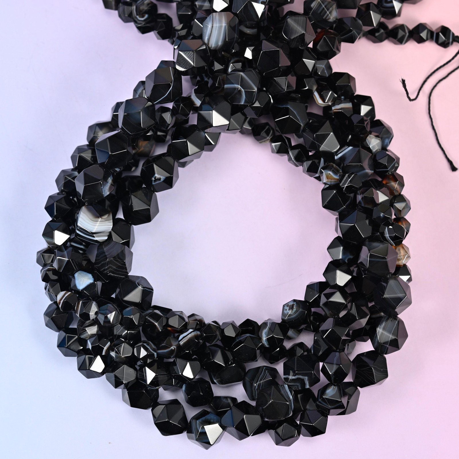 Black Strip Agate Beads: Faceted Diamond Star Cut, 6-10mm, 15.5 inch Strand