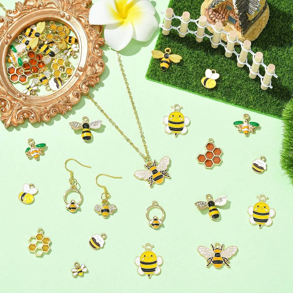 36pcs Alloy Honeycomb Enamel Pendants Bee Charm for Earring Necklace Jewelry DIY