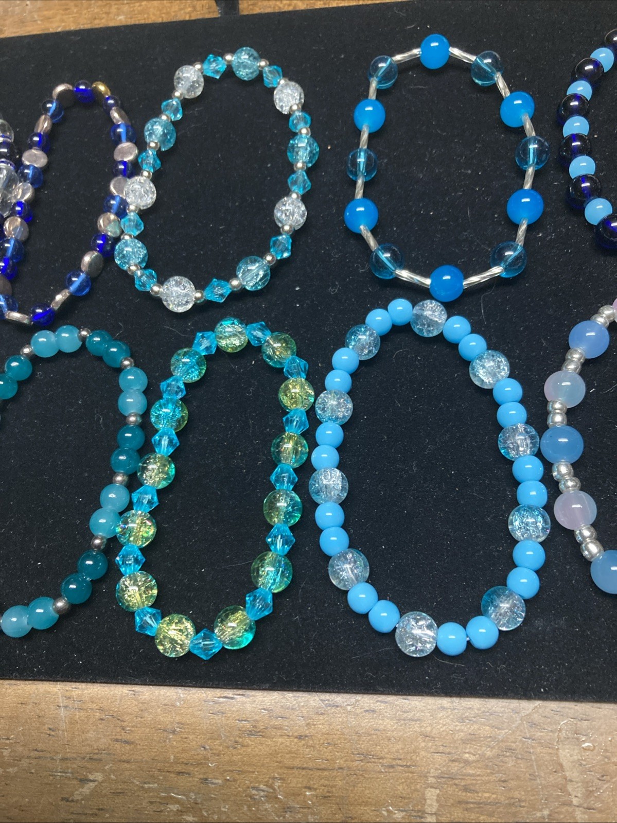 Handmade Glass Beads & Acrylic Bracelets, Lot Of 12 Blue Colors, Stretch Cord.