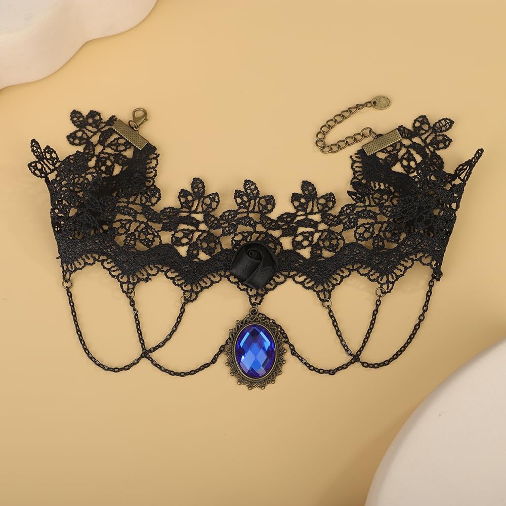 Boho Fashion Black Halloween Choker Necklace Prom Shinny Tassels Necklace Blue C