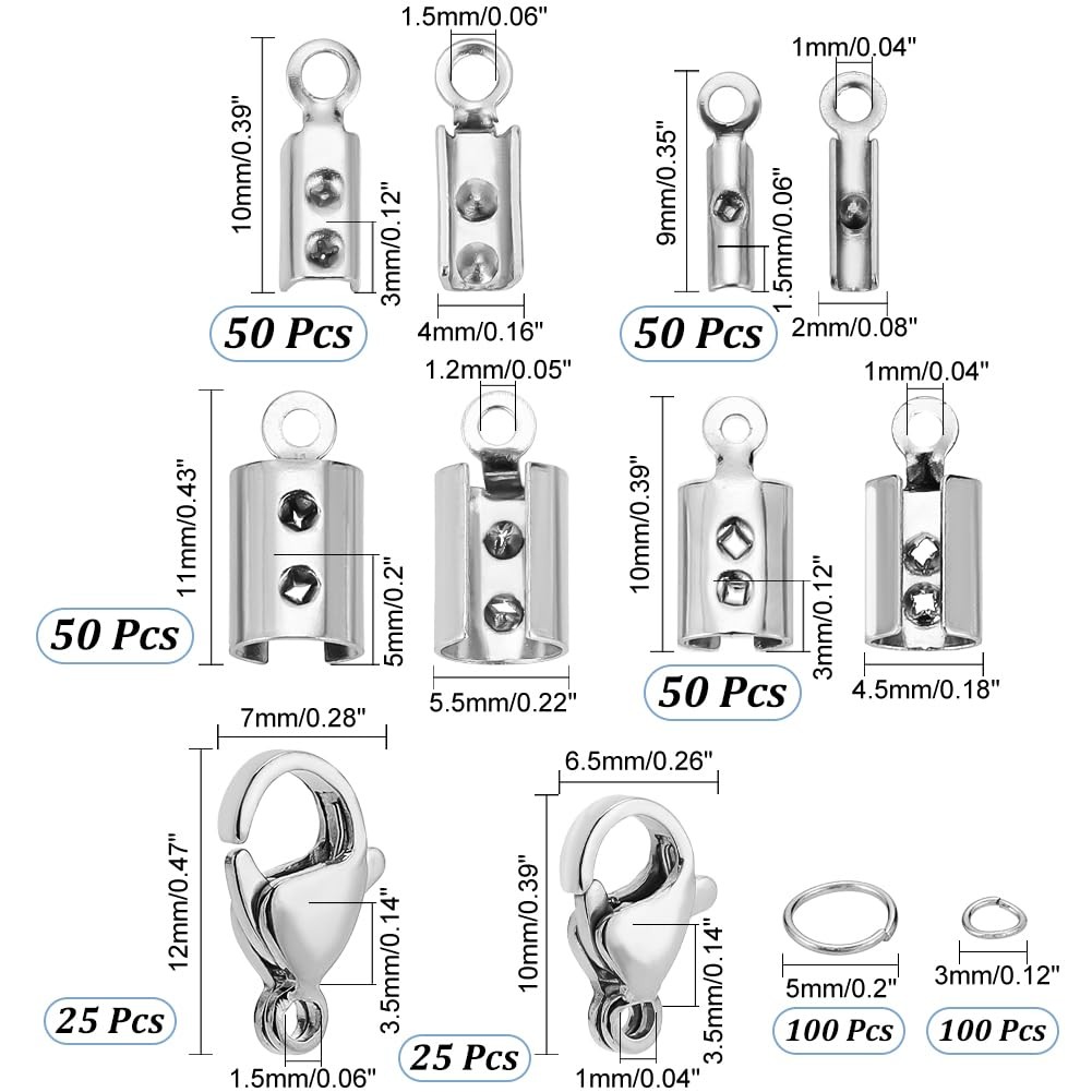 Jewelry Making Kit, 200 pcs 304 Stainless Steel Fold Over Crimp Cord Ends 200.