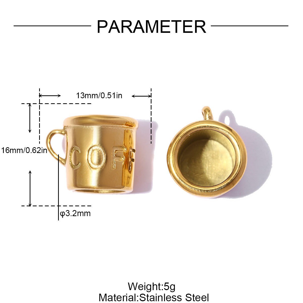 1PC Waterproof 18K Gold Stainless Steel 3D Coffee Cup Charm Pendant GQZ537