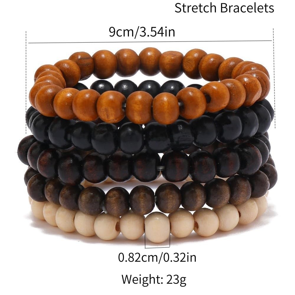5 Pieces Vintage Wooden Beaded Bracelets for Women Unisex Mulyer Stretch Bracele