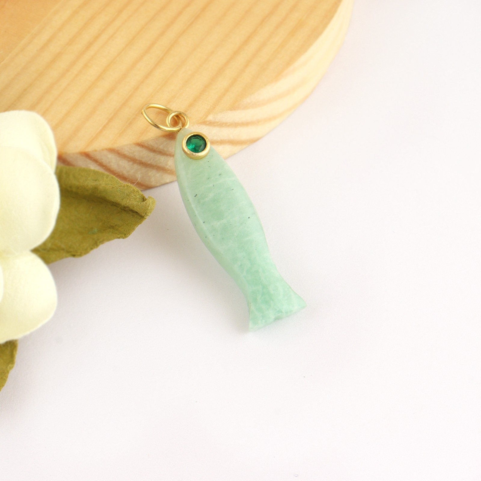 Amazonite Fish Pendant Carved Gemstone with Emerald Quartz Eye Necklace Charm