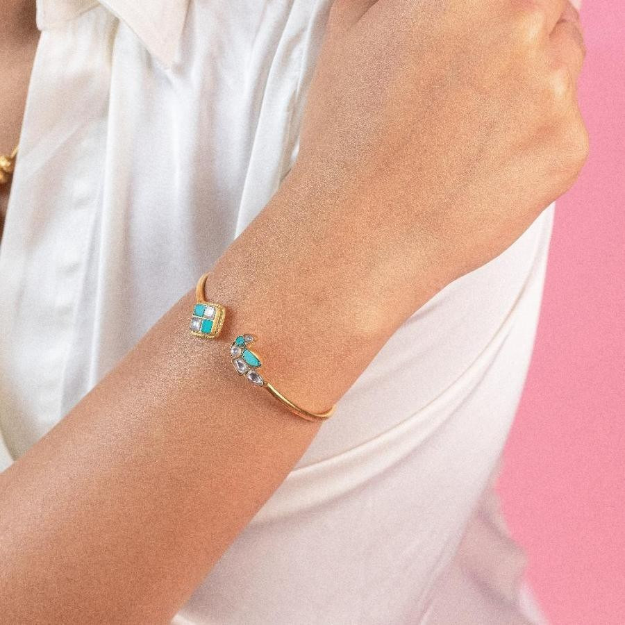 Green Stone Polki Minimal 18K Gold Plated 925 Silver Bracelet
