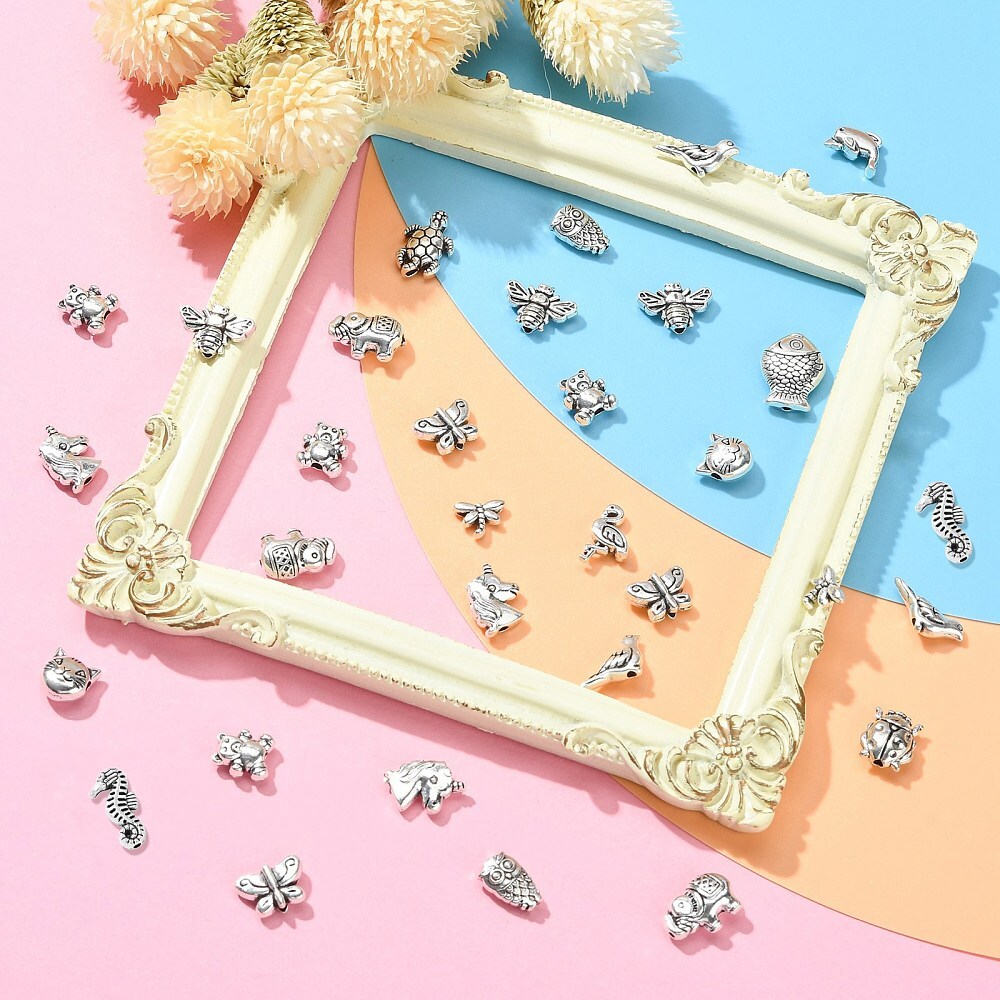 150Pcs Silver Animal Spacer Beads Bear Cat Fish Bead for Bracelet Jewelry Making