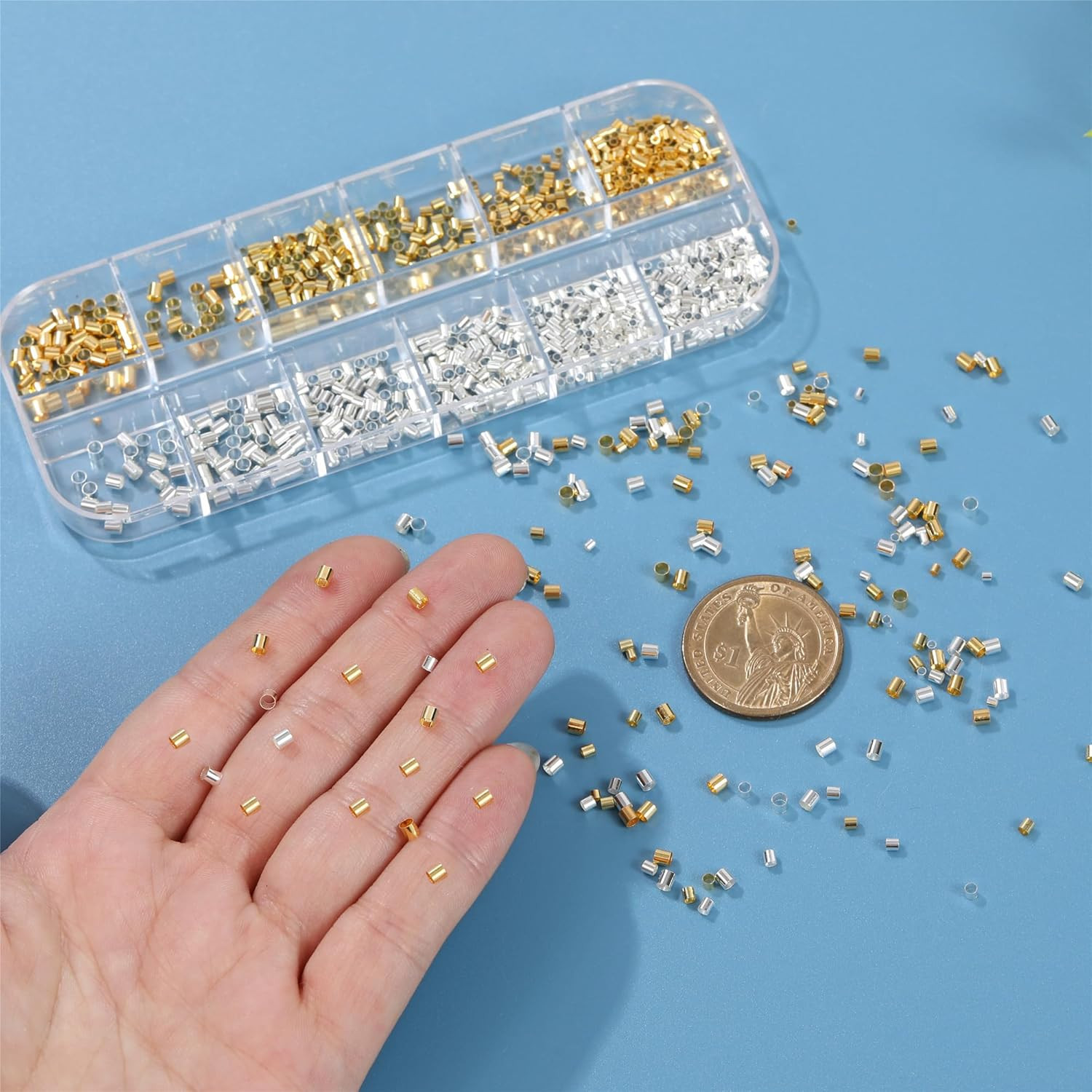 1050 Pcs Silver and Gold Crimp Beads for Jewelry Making, 1.5Mm 2Mm 2.5Mm Crimpin
