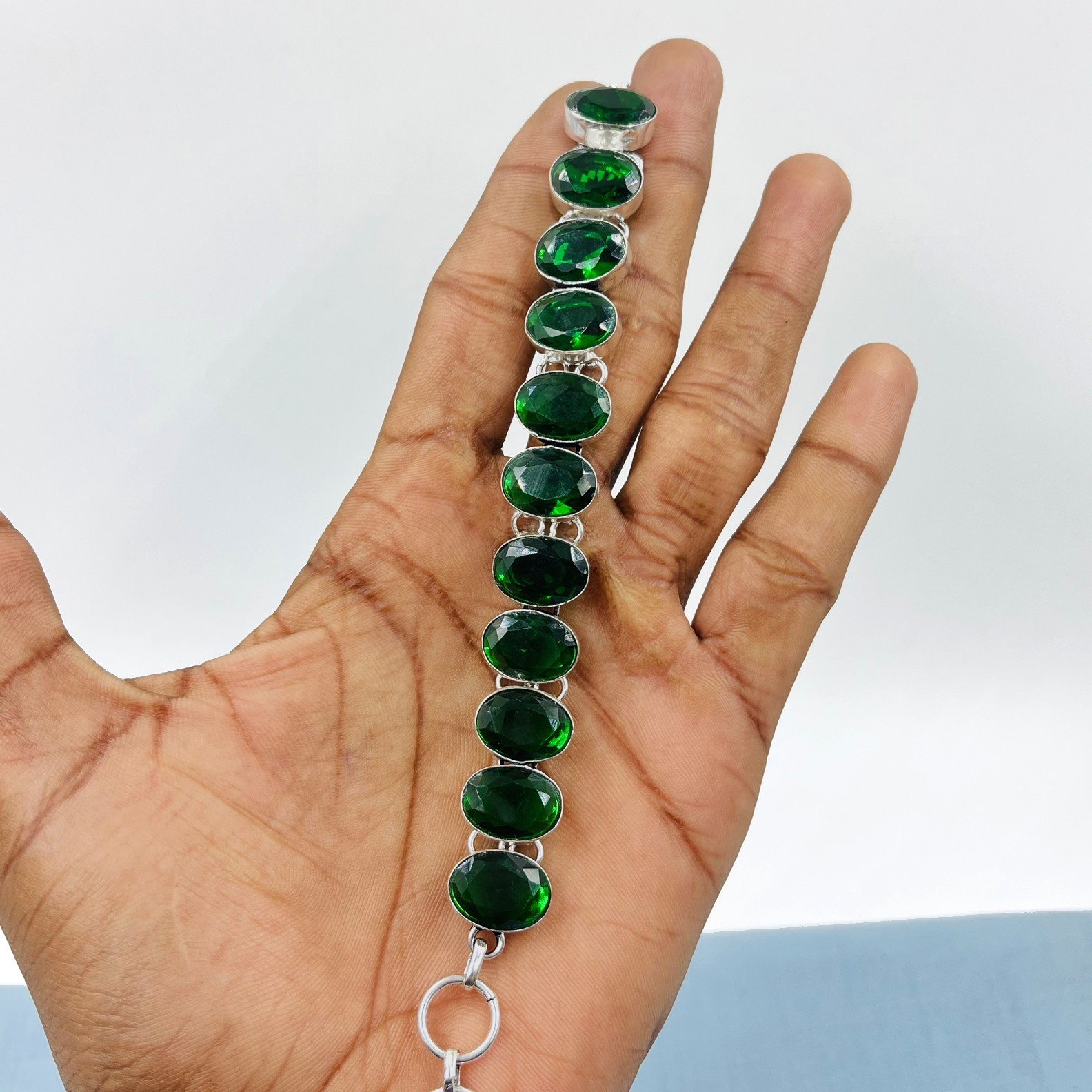 Rose Cut Chrome Diopside Gemstone 925 Sterling Silver Jewelry Chain Bracelet