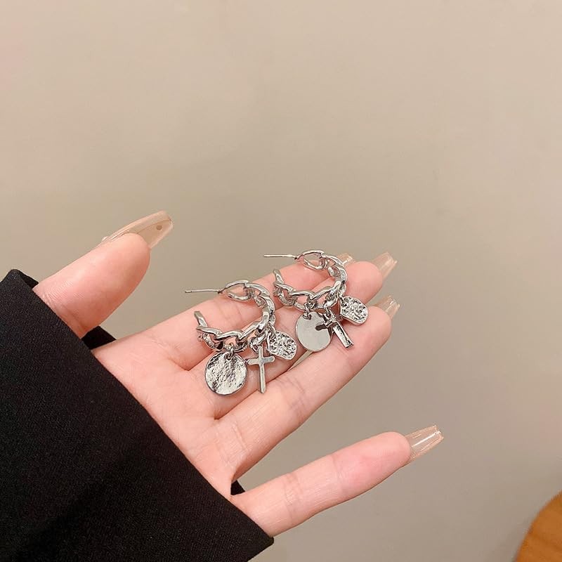 Chain Earrings for Women, 925 silver needle Earrings, Hoop Earring, Modern Cros