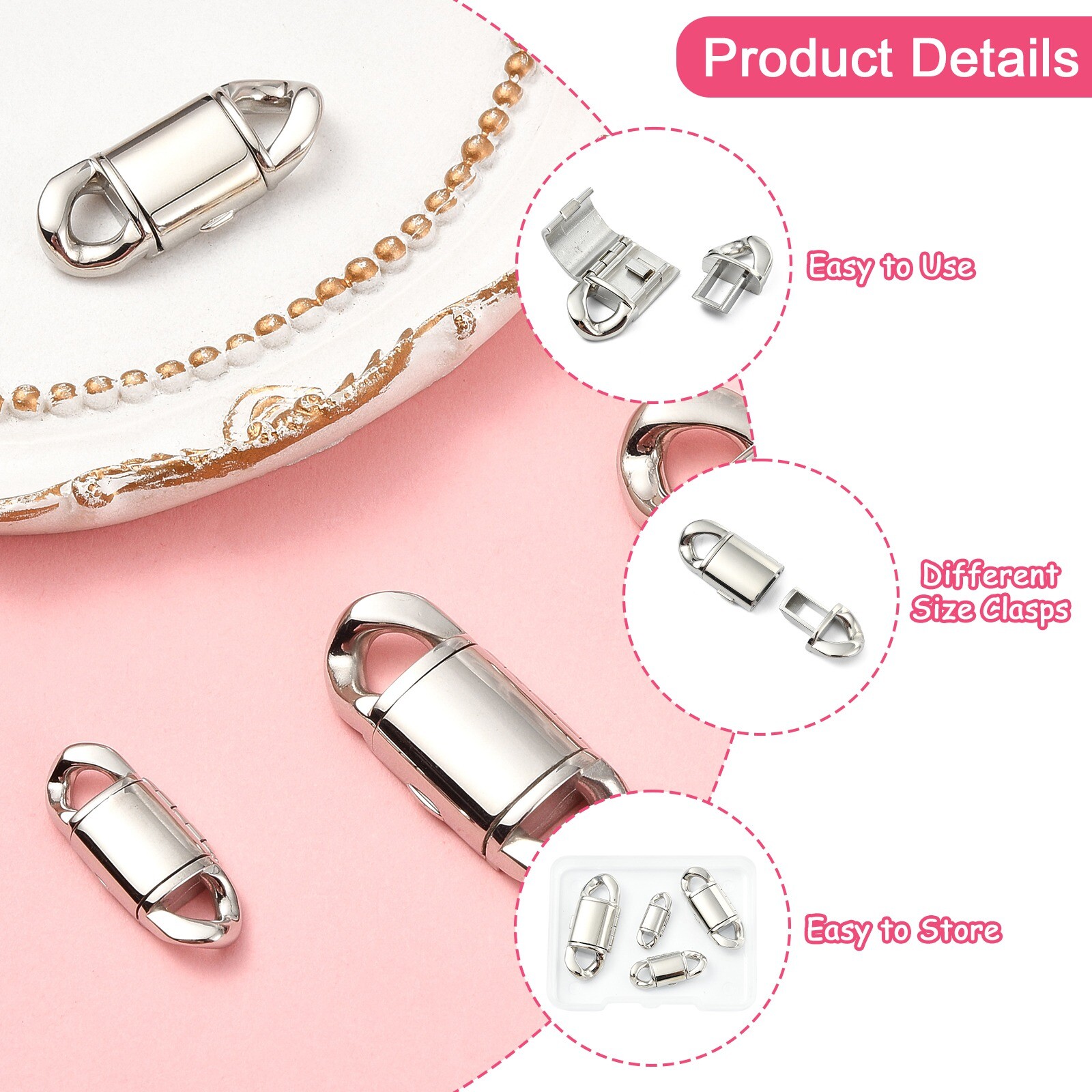 4pcs 316 Surgical Stainless Steel Clasps, Oval Silver Color Clasps for DIY