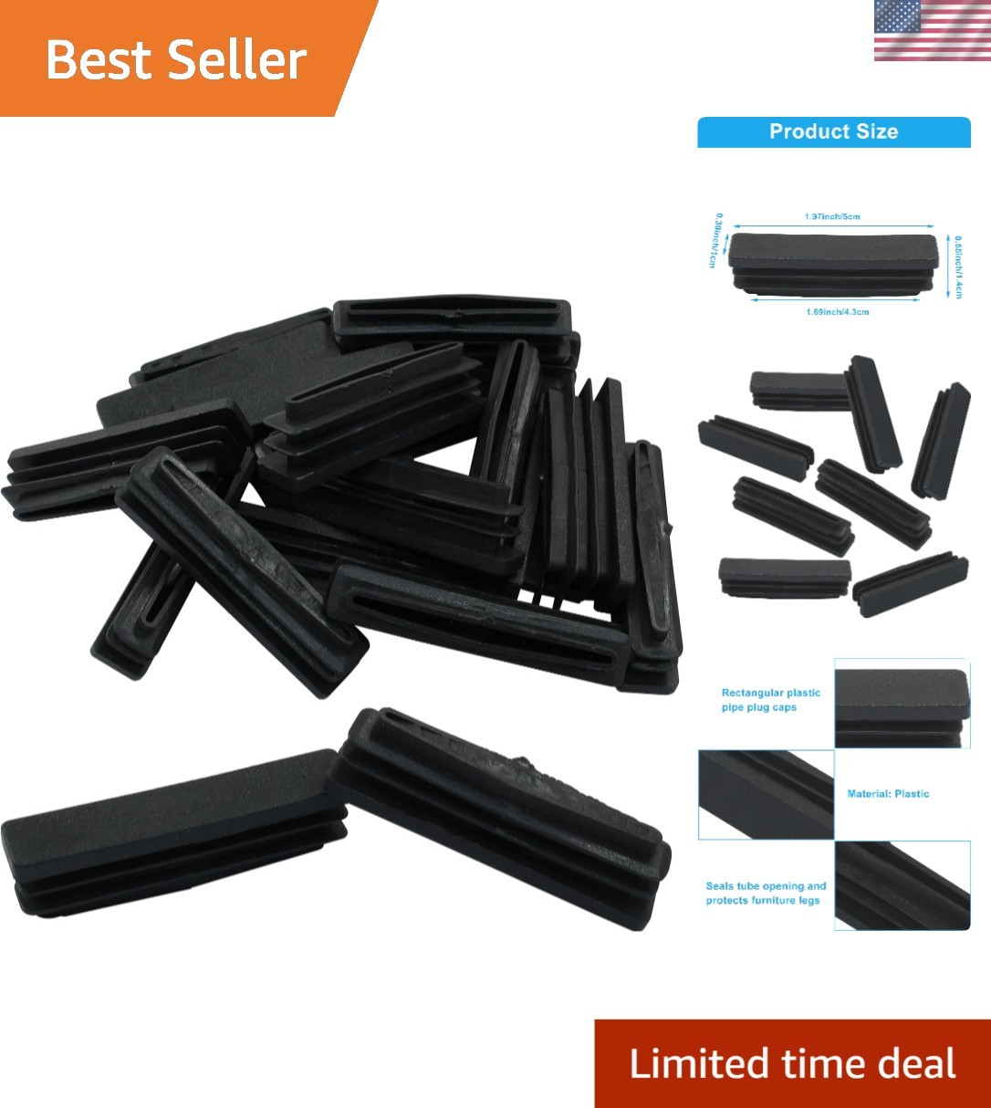 High-Quality 20 Count Rectangular End Caps – 2” x 0.4” for Furniture & Equipment