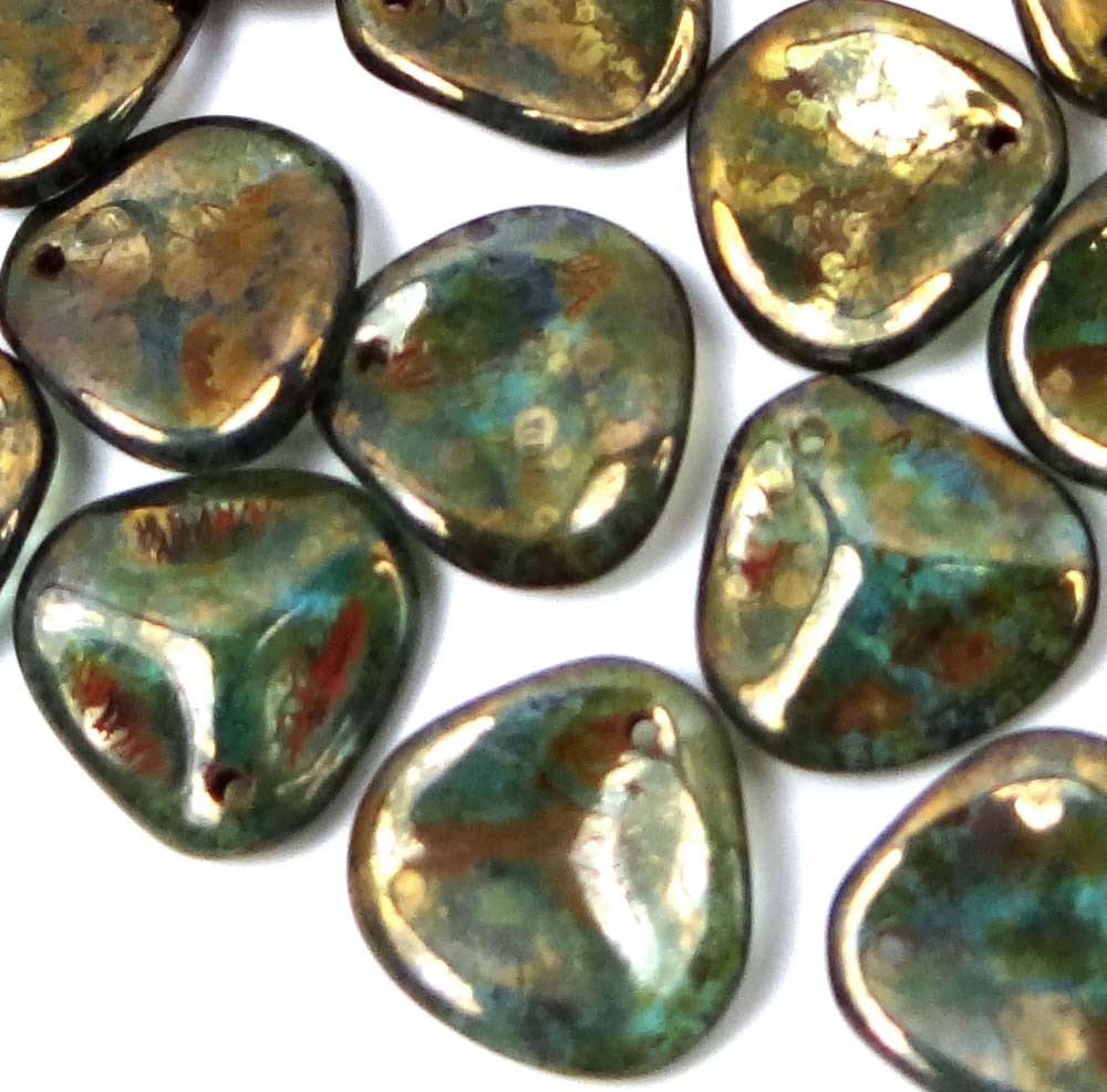 25 Czech Glass Large Rose Petals Beads – Aquamarine – Bronze Picasso 14x13mm