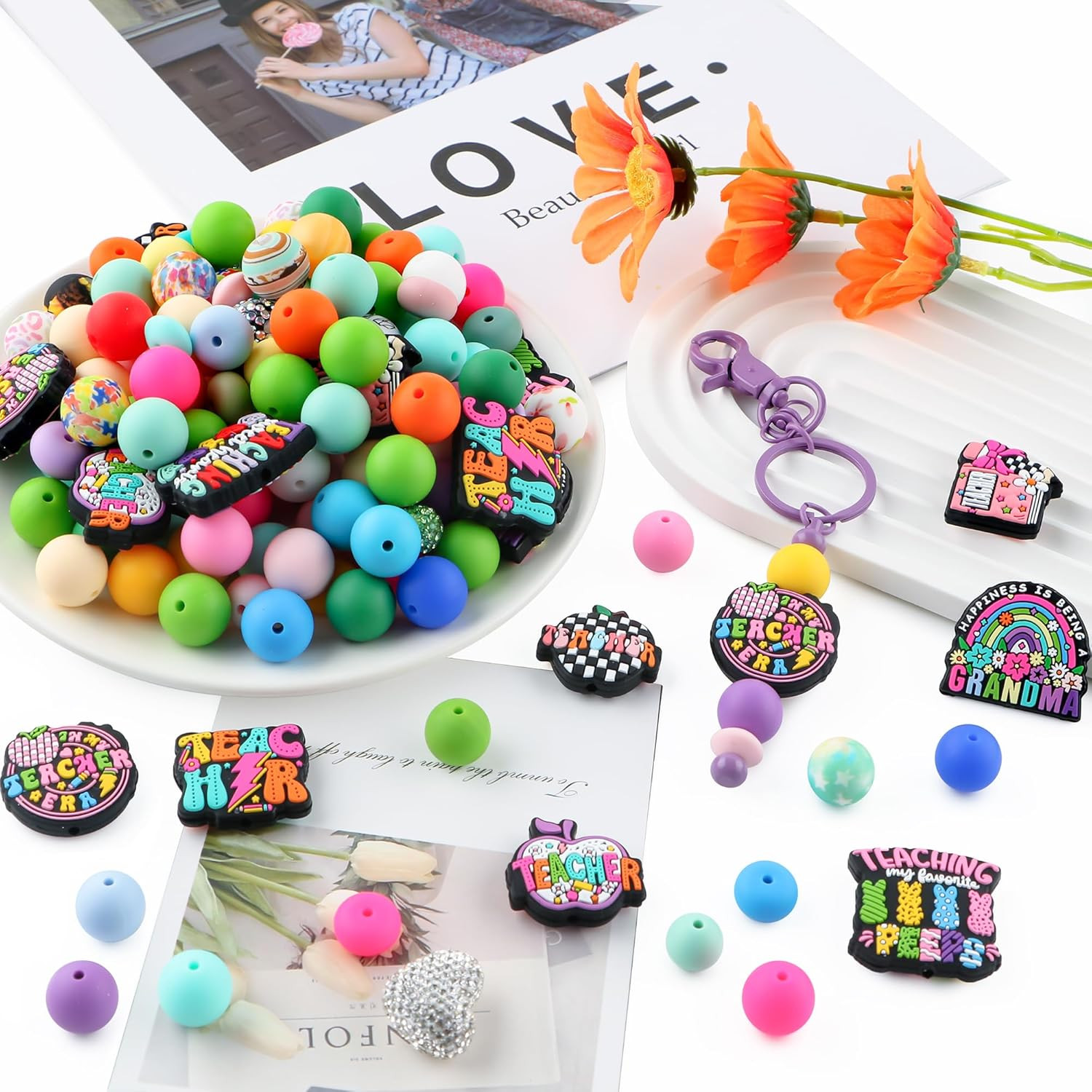 Lovymi 12PCS Teacher Silicone Focal Beads for Pens, Pink Pencil Teacher Silic…