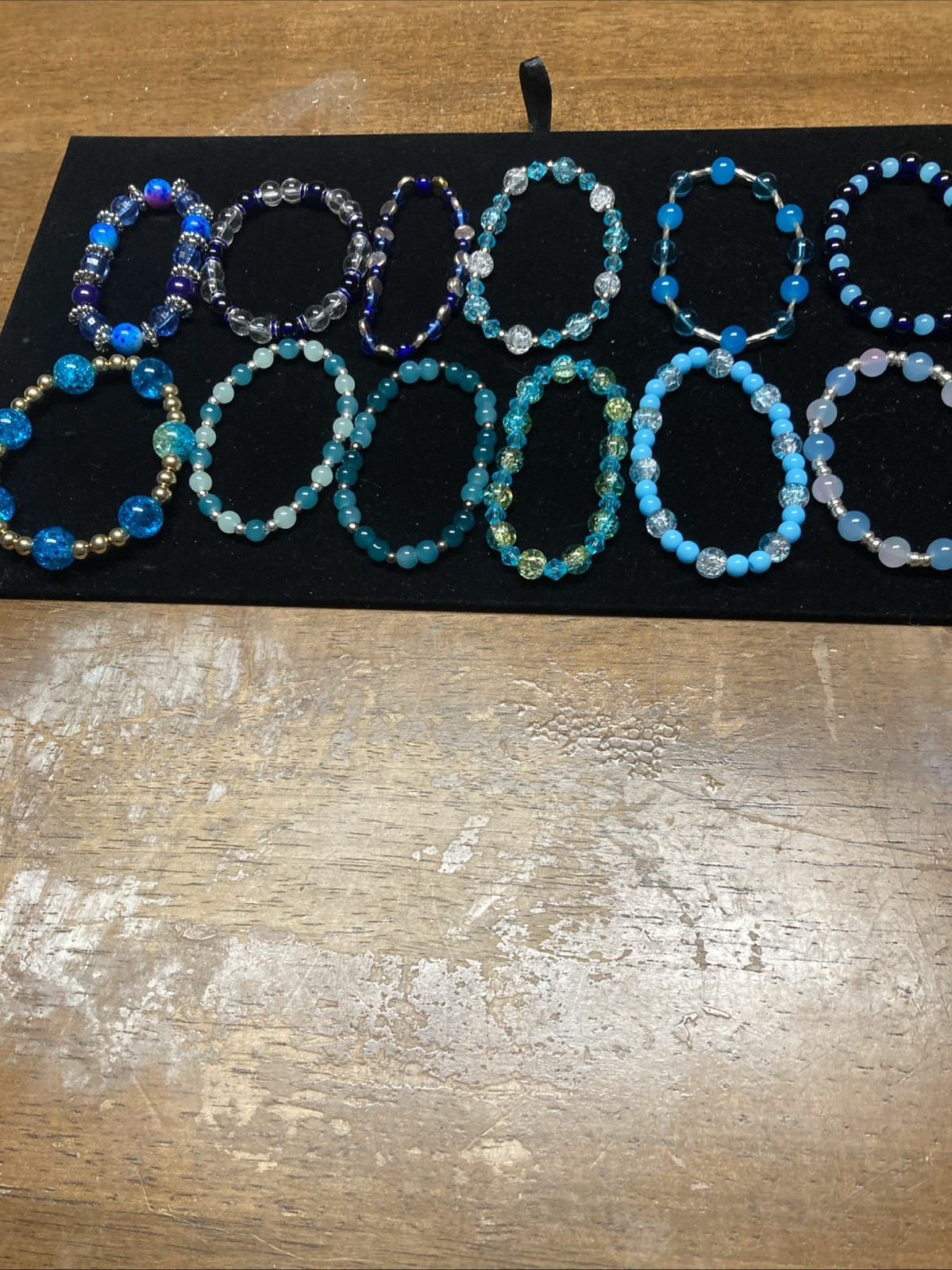 Handmade Glass Beads & Acrylic Bracelets, Lot Of 12 Blue Colors, Stretch Cord.