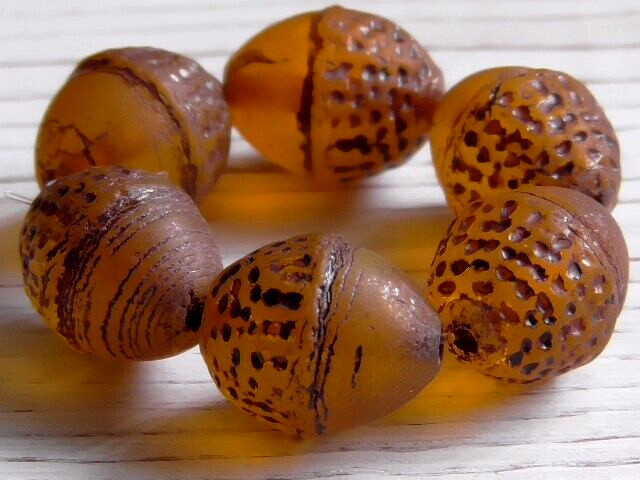 6 – 12x10mm CZECH TRANSLUCENT MATTE AMBER BROWN ACORN DARK BROWN WASH GLASS BEAD