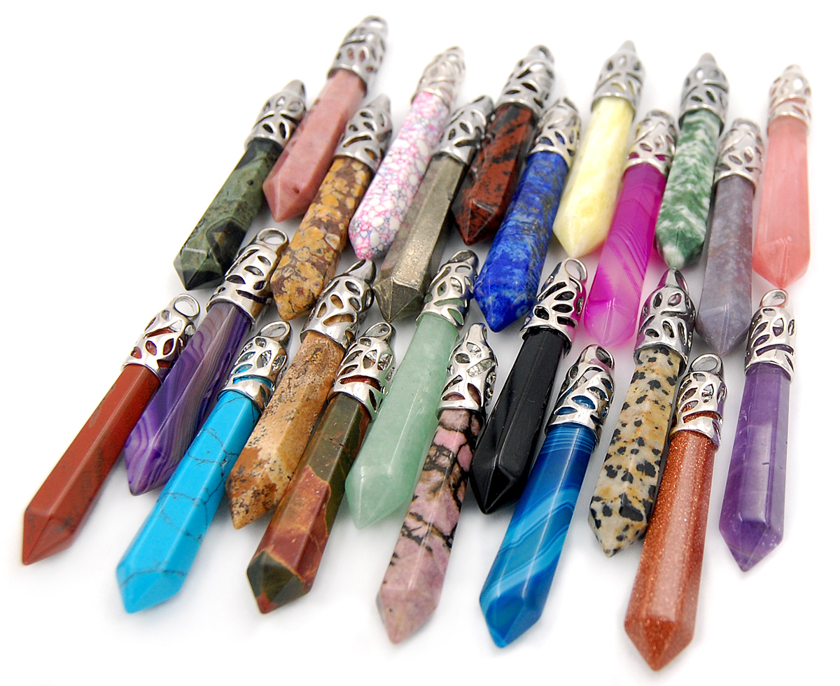 Natural Gemstones Long Hexagonal Pointed Reiki Chakra Pendant Beads Healing