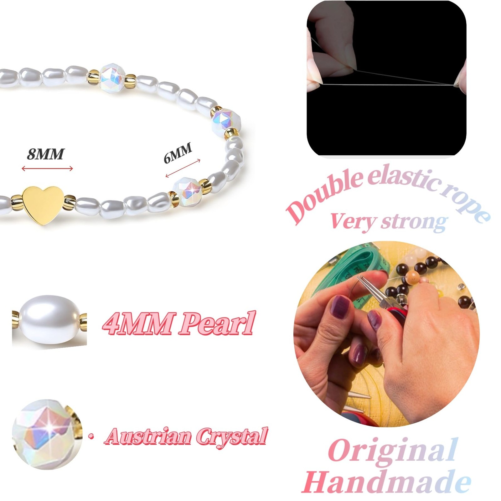 Handmade Original Gold Heart Austrian Crystal 4mm Pearl Stretch Jewelry Bra – 10