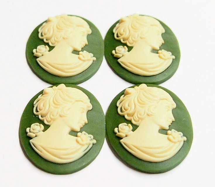 4 of 40x30mm Cream over Green Victorian Art Deco Shy Short Hair Women Cameos