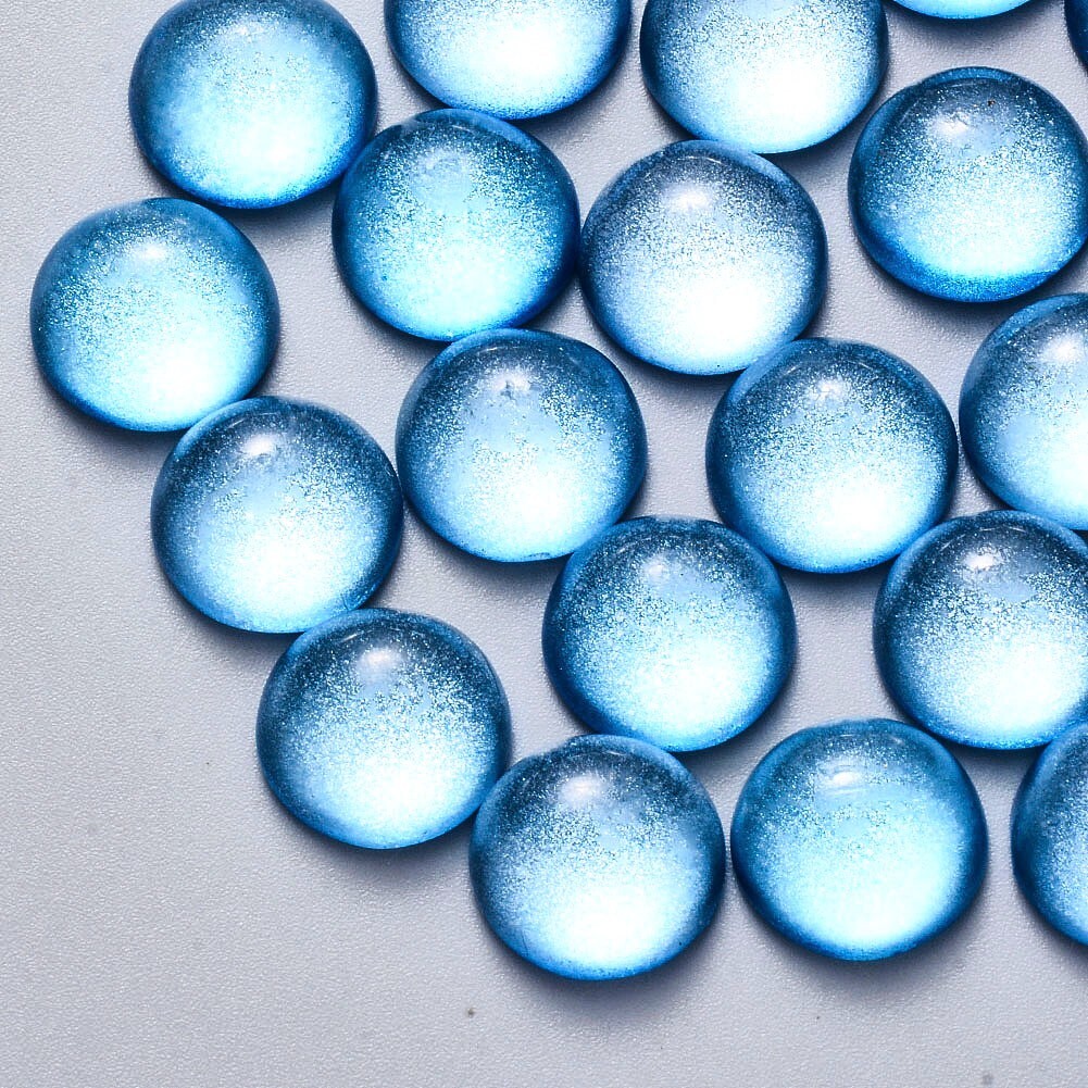 100x Deep Sky Blue Glitter Powder Transparent Spray Painted Glass Cabochons12mm