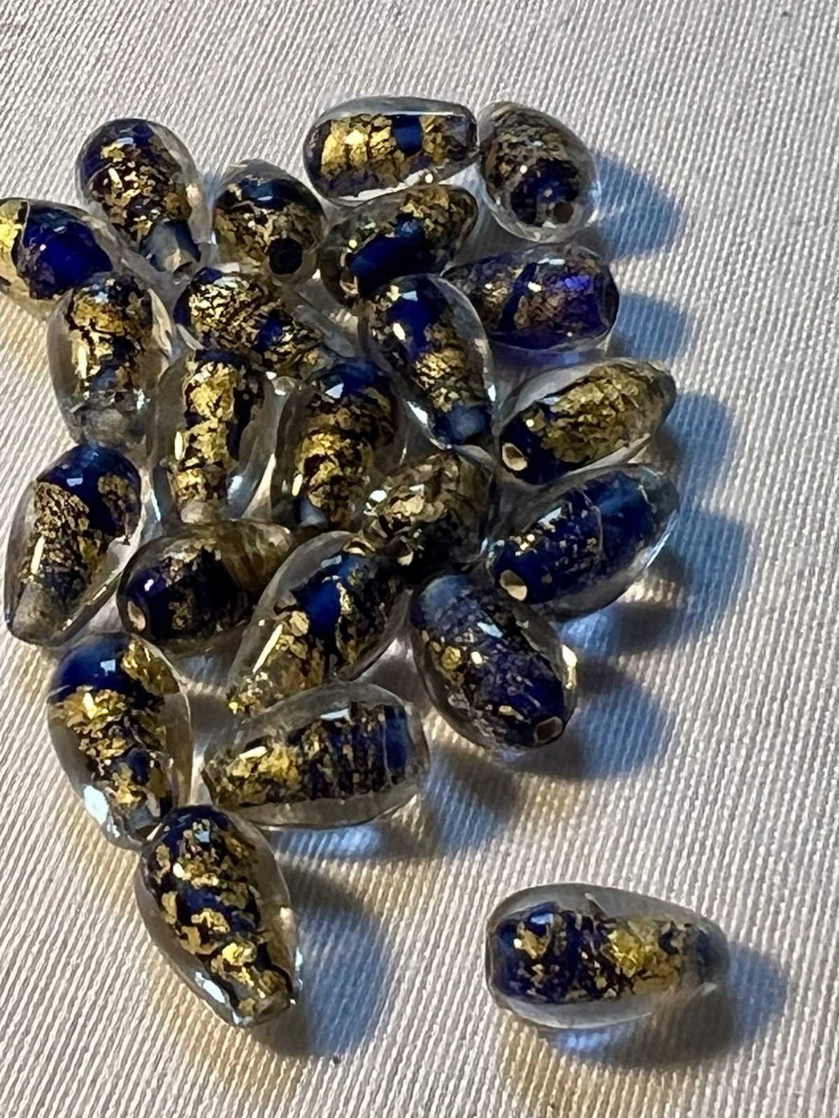 New Old Stock Lampwork Blue Gold Foil Teardrop Beads 12mmx7mm 25 Pieces