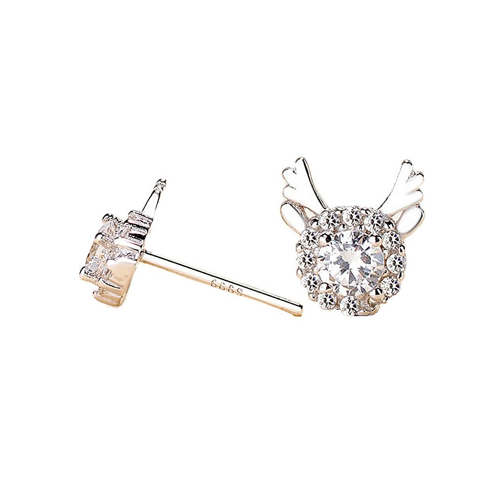 Platinum Gold-Plated S999 Sterling Silver Halo CZ Cute Antler Stud Earring for W