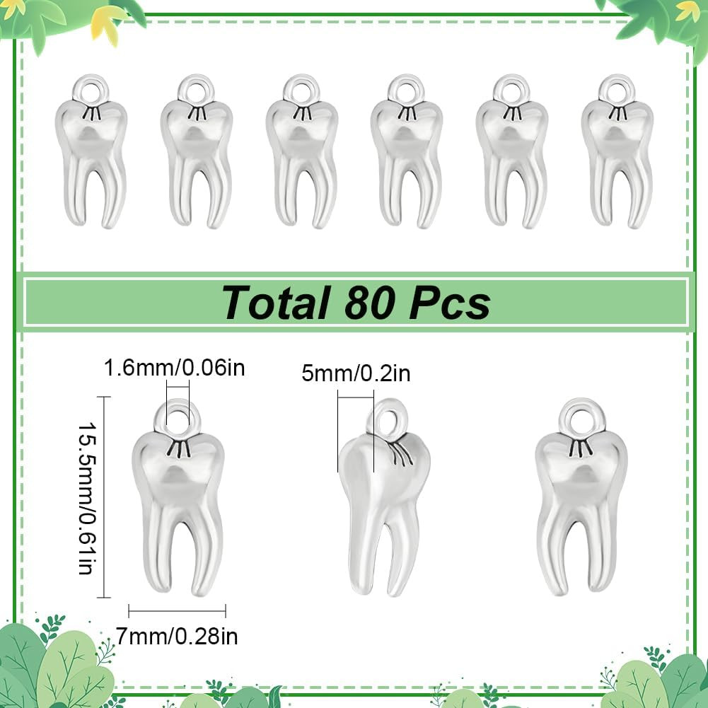 1 Box 80Pcs Silver Teeth Charms Tooth Charm Bulk Tibetan Style Cute Teeth Shaped