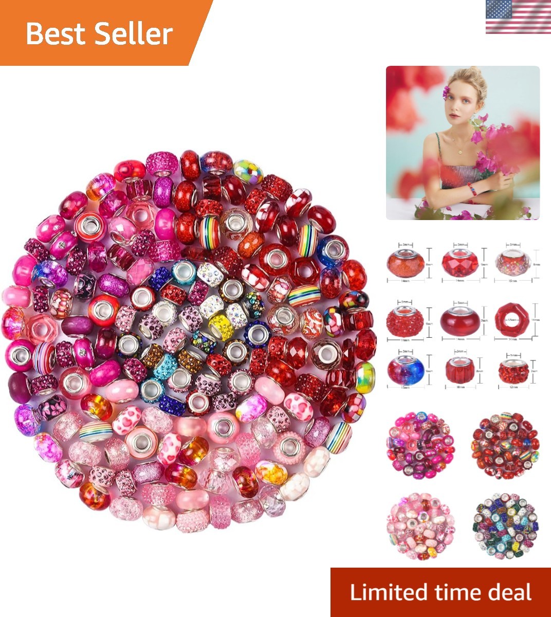 150-Piece Rose-Red European Large Hole Beads Set for DIY Jewelry Making