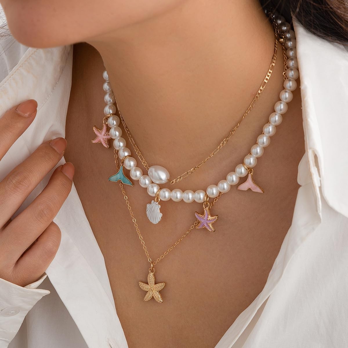 Gold Layered Seashell Starfish Necklace: Adult Women’s Boho Turtle Conch Starfis