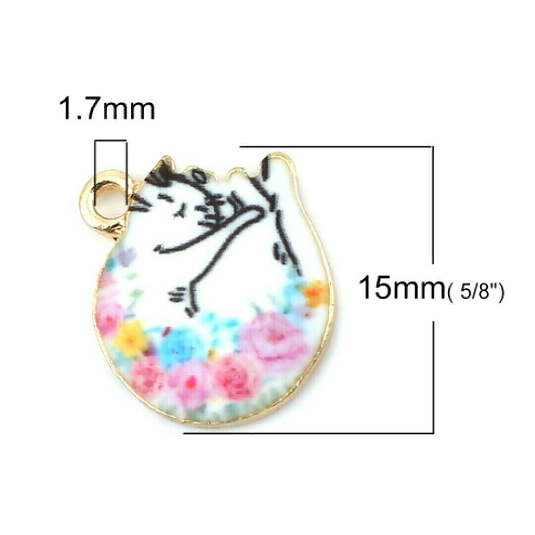 10 Enamel Sleeping Curled Up Kitty Cat White Gold Bead Drop 15mm Charms Pendants