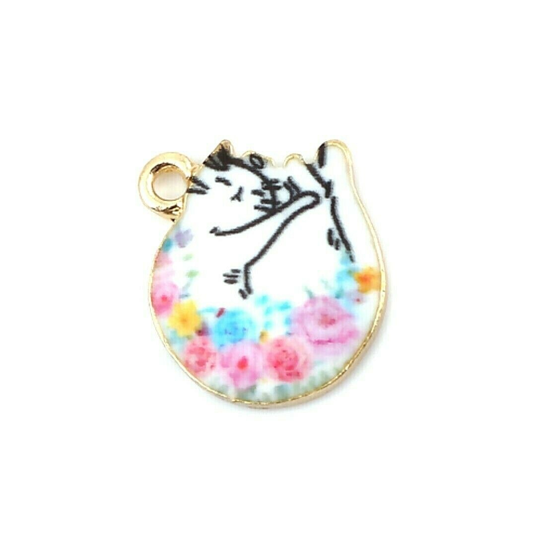 10 Enamel Sleeping Curled Up Kitty Cat White Gold Bead Drop 15mm Charms Pendants
