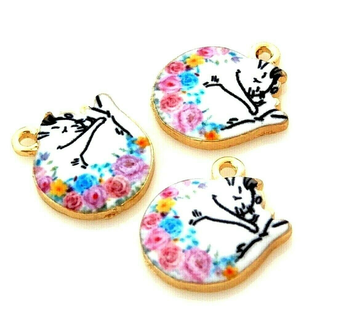 10 Enamel Sleeping Curled Up Kitty Cat White Gold Bead Drop 15mm Charms Pendants