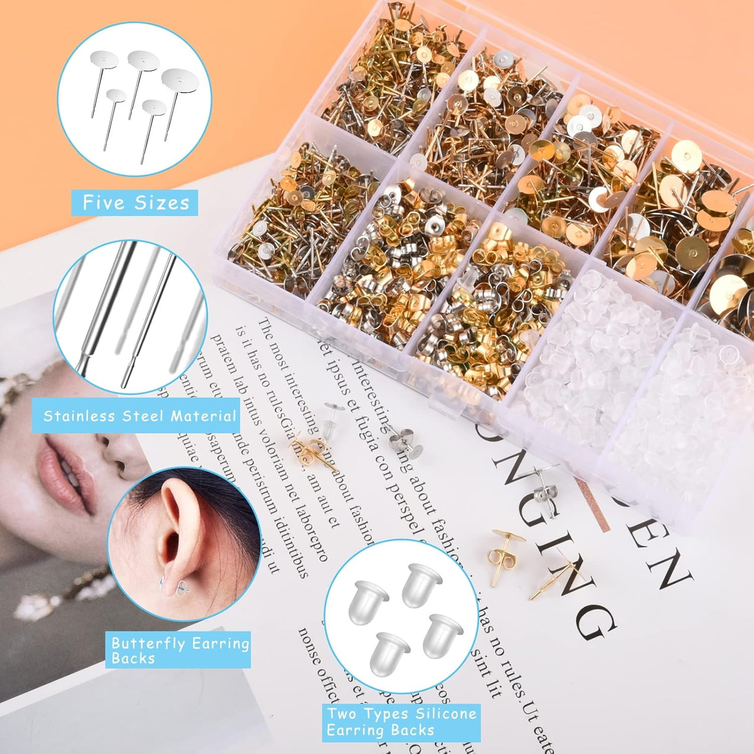 Earring Posts and Backs, 2000Pcs Golden and Silver Hypoallergenic Earring Stu…