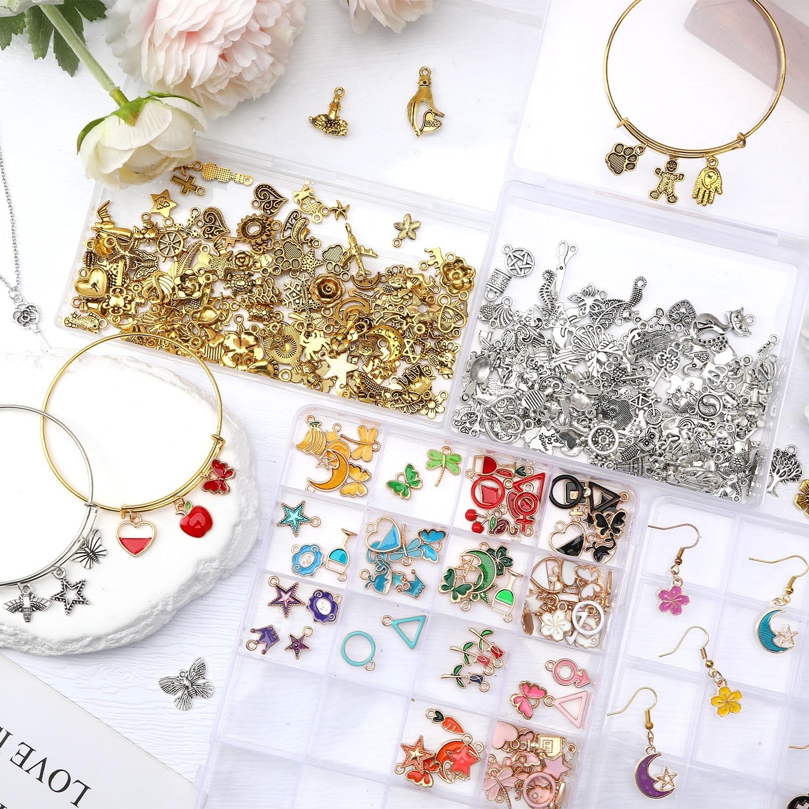 350Pcs Assorted Gold Enamel Charms, Antique Gold Tibetan Silver Pendants for Jew