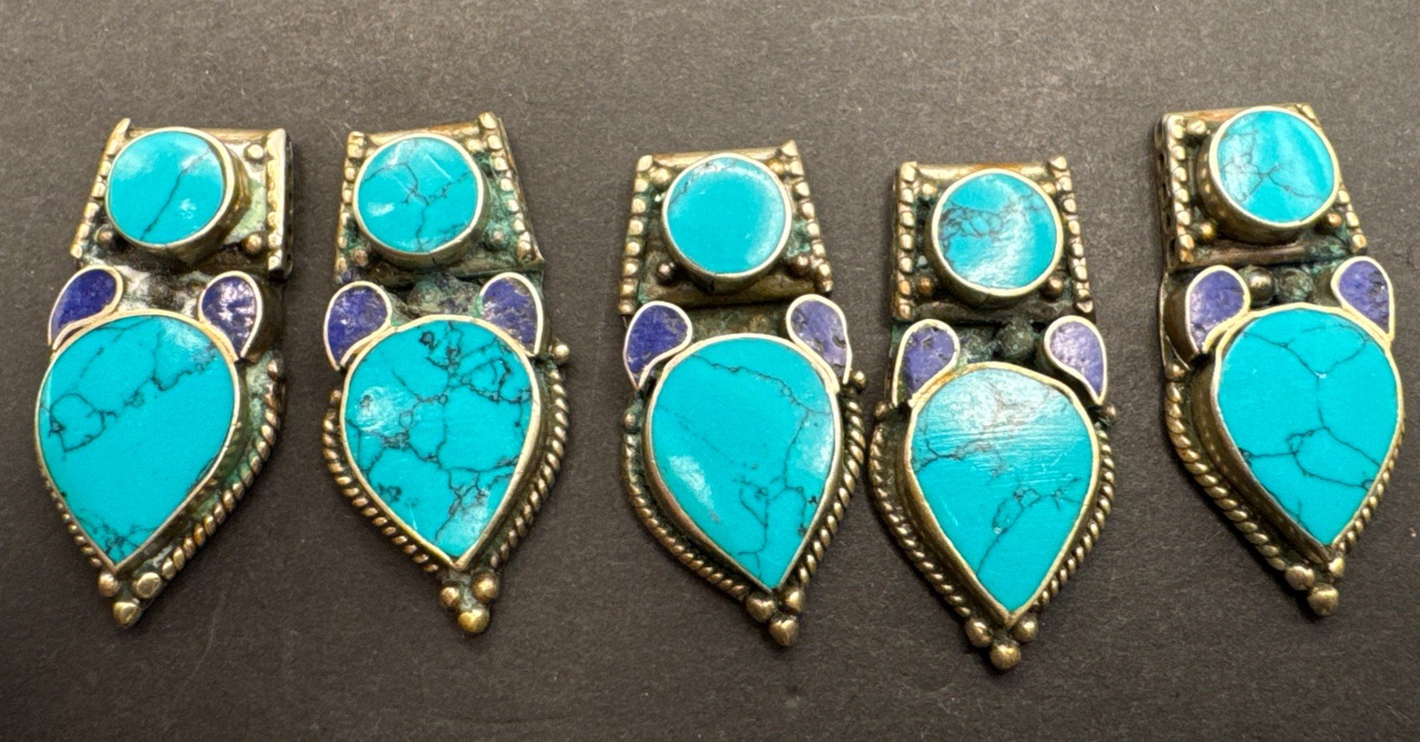 5 Pieces 1.5” Turquoise And Lapis Lazuli Jewelry Making Parts Silver Stunning