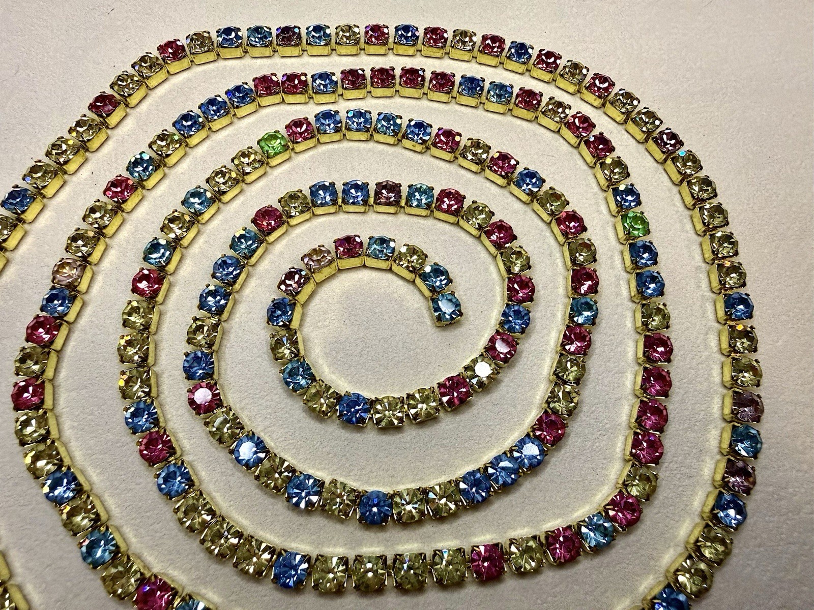 Vintage Swarovski SS34 Rhinestone Chain 60” Multi Color Crystal Brass Linked