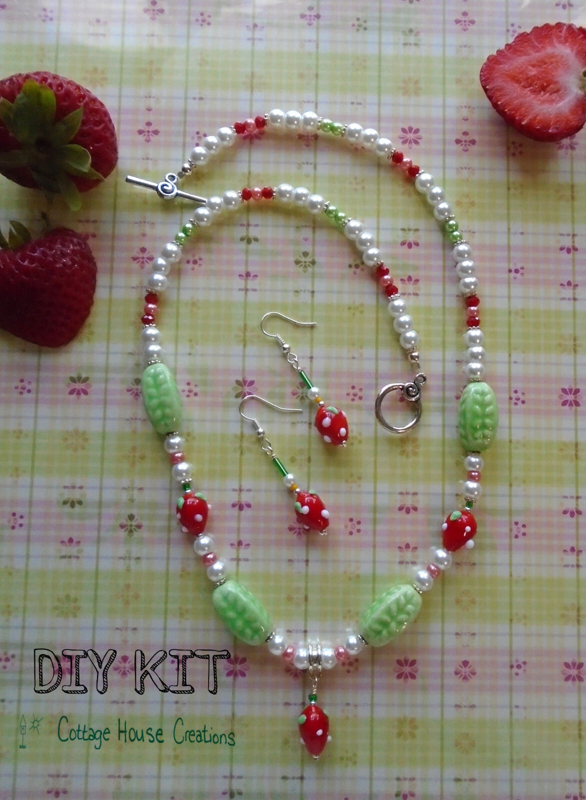 Strawberry Pearl Necklace Earring Glass Bead Jewelry Making Kit